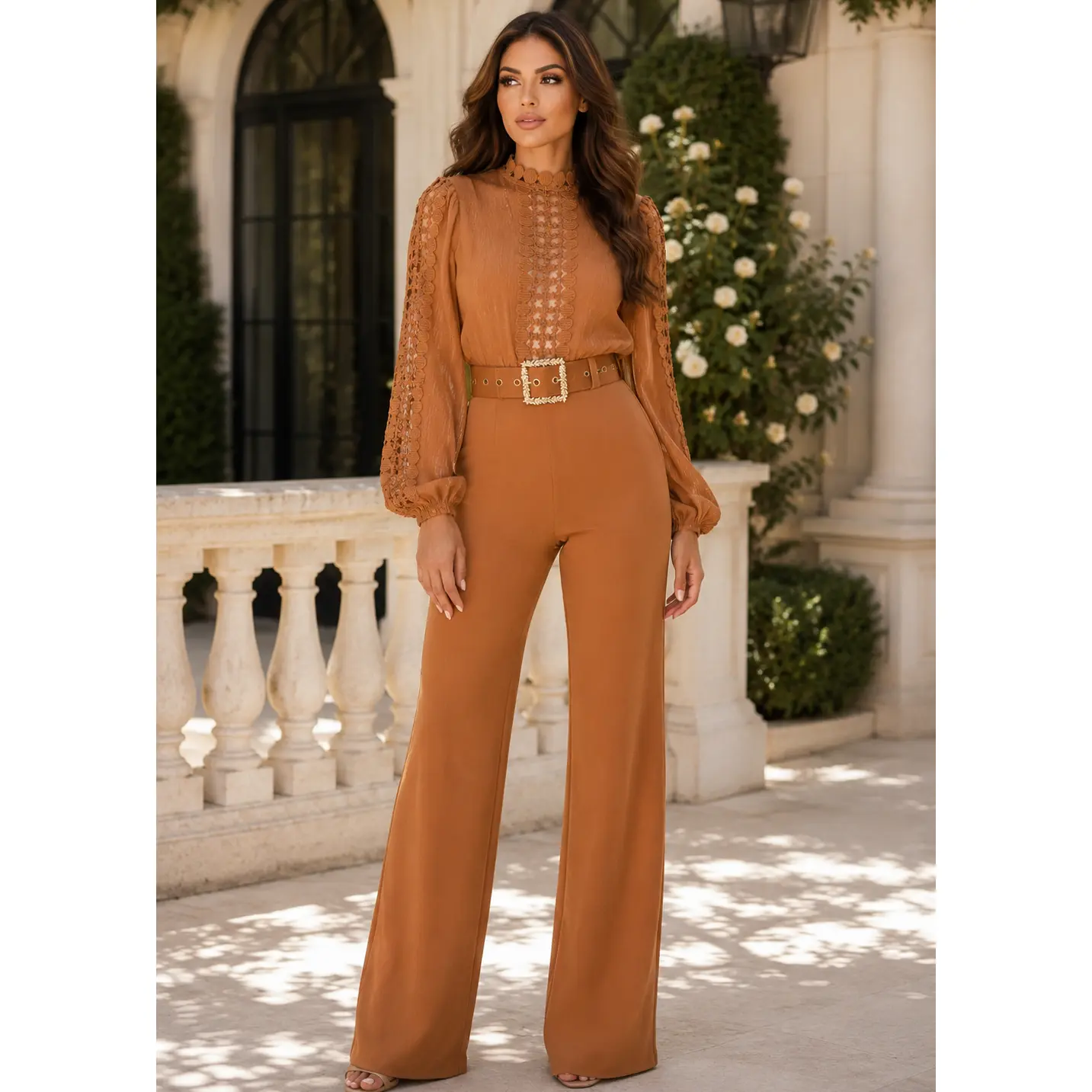 ROSAURA Camel Woven Crochet Jumpsuit | Elegant High-Waisted Wide-Leg One-Piece for Women