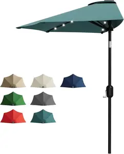 Patio Umbrella 9FT - Half Umbrella Outdoor with Solar LED Lights and Smooth Crank Lift, Outdoor Shade Canopy for Patio, Backyard, Garden, Deck, Balcony -Turquoise