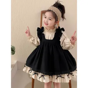 Girls 2 Piece Dress Set, Layered White Dress with Black Jumper Skirt, Ruffle Collar + Bubble Sleeve + Bow Detail, Cute Toddler Kid Spring Fall Outfit