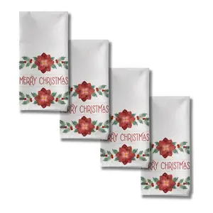 Christmas Poinsettia Cloth Napkin Set of 4 - 20x20 Inches Soft Polyester Washable Festive Design Perfect for Holiday Table Settings - Cutlery