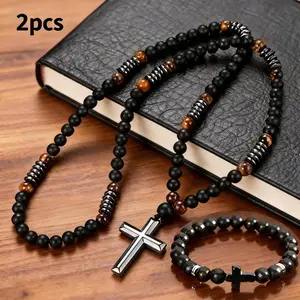 8mm Necklace & Cross Bracelet Set, Black Onyx Hematite Tiger Eye Beaded Triple Protection Religious Jewelry for Anxiety Relief Gift son br ero handcrafted  pendant casual all-season jewelry