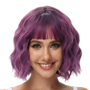 【Budget Friendly Wigs】12 Inch Wavy Bob Wig with Bangs Natural Ombre Purple Shoulder Length Synthetic Hair, Bob Wig Short Curly Wig, Stylish Summer Hairstyles for Women