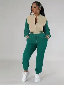 Women's Colorblock Print Short Jacket & Drawstring Waist Sweatpants Two-piece Set, Casual Long Sleeve Mock Neck Outerwear & Pocket Pants for Daily Wear, Ladies Fall & Winter Clothes, Aesthetic, Timeless, Chic