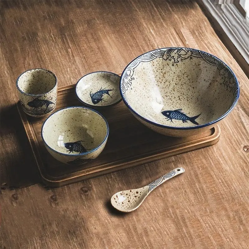 5pcs Japanese Ceramic Plates and Bowls Set, Kitchen Tableware, Microwave & Oven Safe, Perfect for Holidays, Includes Salad & Pasta Bowls, Unique Gift Idea