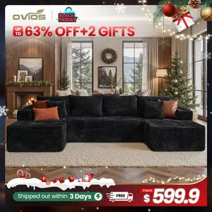 【3 Packages Shipping】Ovios 135" Sectional Cloud Sofa with Ottoman for Living Room, U Shaped Modular Floor Boneless Couch with Chaise, Plush Corduroy, No Assembly Required, Big Comfy Couches Set with Fluffy Memory Foam