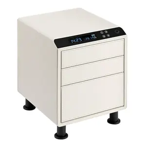 ZKT 3-Level Leather Nightstand Safe for your jewelry, cigar and valuables, LCD display, Fingerprint passcode and keys, access controlled by mobile app via Bluetooth