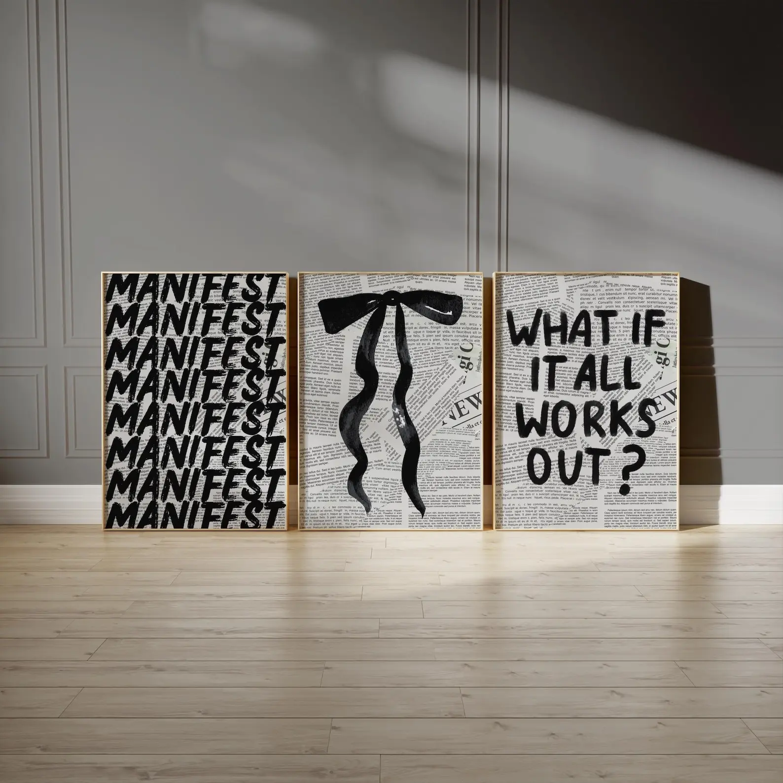 Set of 3 What If It All Works Out Newspaper Manifest Bow Wall Art Retro Trendy Print Black Typography Poster