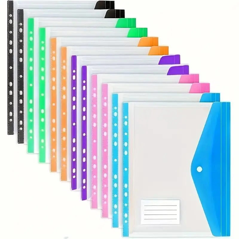 A4 Large Capacity Loose-leaf File Pocket Book Document Organizer Binder Folder with 11-hole Binder Rings, Contrast Binding Pocket, 12pcs/6pcs Expandable Button and Label Pocket, Suitable for School, Home, Office