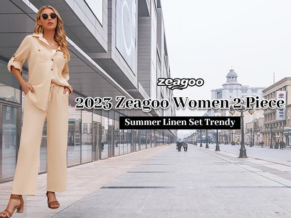 zeagoo Women 2 Piece Linen Sets Button Down Shirt and Drawstring Long Pants Set Summer Outfits Halloweez