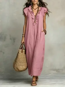 Women's Summer Ruffle V-Neck Long Dress, Fashionable Flutter Sleeve Long Skirt, Elegant and Stylish Women's Clothing for Warm Weather