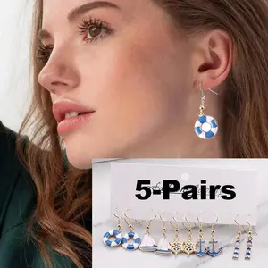 5-Pairs Charm Women Earrings Set - Chic Swimming Ring Sailboat Rudder Anchor Watchtower Drop Pendant Earrings Fashion Sea Beach Holiday Earrings Jewelry Gift