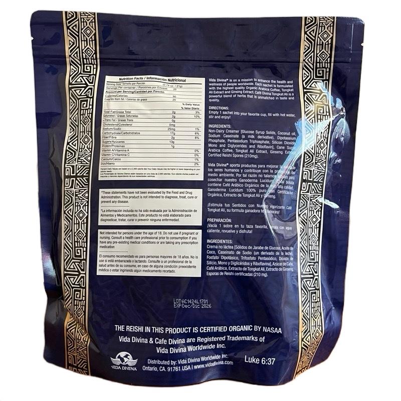 Cafe Divina Tongkat Ali Performance Enhancing Coffee Infused With 100% Organic Reishi 20 Sachets 210mg Reishi Per Serving 14.8 oz 20 Servings Natural Energy Boost for Adults - Beverage Beans Taffy Creamer - Healthy