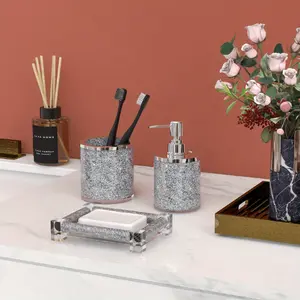 Bathroom Accessories Set, 3pcs Silvery Crystal Crushed Diamond Accessory Decor Sets, Glass Bath Restroom Set Vanity Organizer Includes Soap Dispenser, Toothbrush Holder, Dish mold edge brush