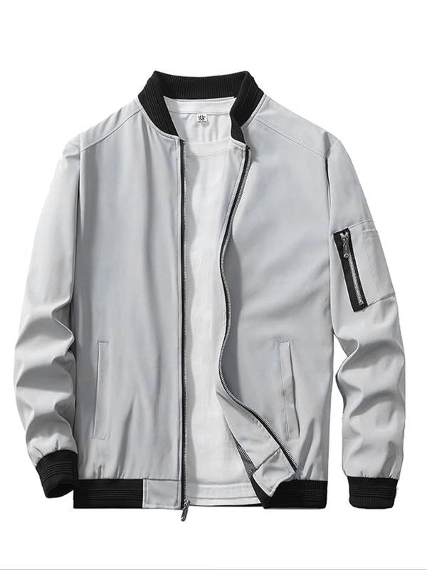 Men's Zip Up Pocket Bomber Jacket, Casual Long Sleeve Stand Collar Windproof Outerwear Coat with Pockets for Spring & Fall, Men's Clothes for Daily Wear