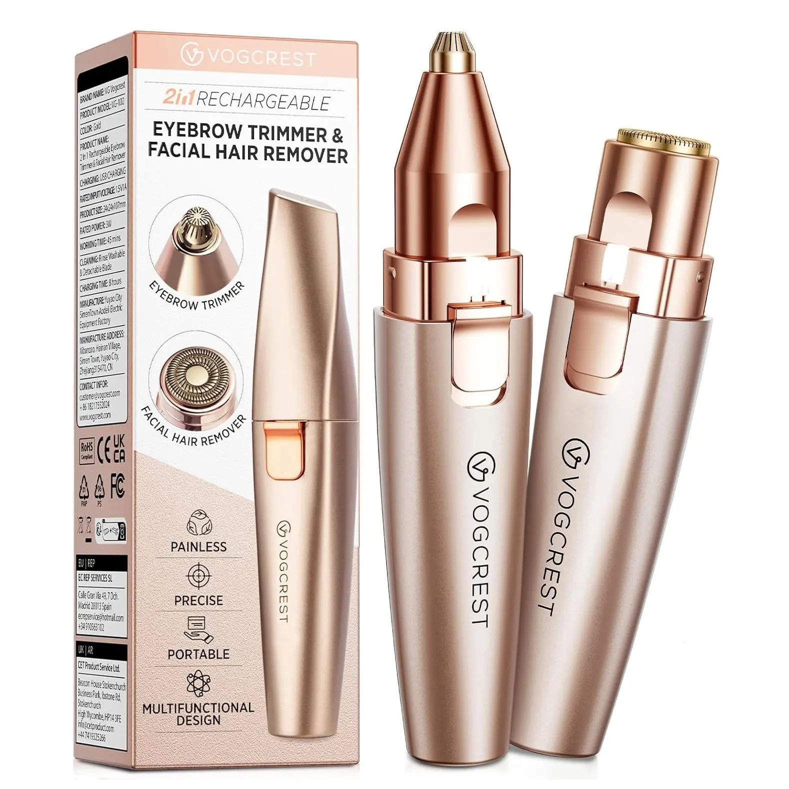 VG VOGCREST Eyebrow & Facial Trimmer: 2 in1 Rechargeable Facial Hair Removal & Eyebrow Shaver - Body Razor with Built-in LED Light (Rose Gold)