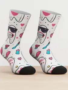 1 Pair Funny Tooth Print Socks, Love Teeth Theme Crew Socks, Unisex Bamboo Fiber Mid-Calf Socks, Fun Gift for Dentists or Friends