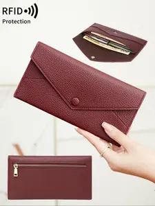 Minimalist RFID Blocking Women's Wallet For Daily,Casual Litchi Embossed Flip Button Decor Long Wallet With Card Slot For Cash, Receipts, Checks, Coins, Bank Cards,Cell Phone,Solid Color Slim Clutch ,Fashion Envelope Wallet Purse For Lady For Outings