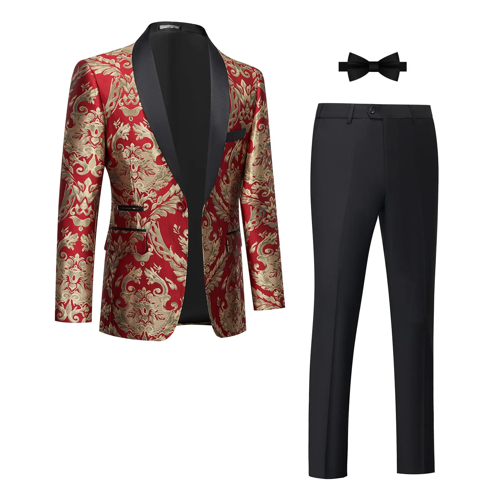 Tuxedo Suits for Men 2 Piece Regular Fit Suit Floral Blazer Jacket Waistcoat Pants Men Suit Set for Wedding Prom-Red& Gold wedding suit suit jacket prom suit party suits