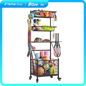 fathersdaygift Sports Garage Equipment Organizer Storage Ball Rolling Cart with Basket and Hooks Lockable for Playgroup Gym and Schools Black