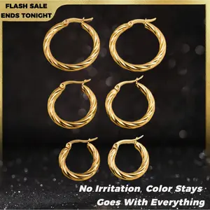 3Pair Vintage Twisted Hoop for Women Gold Plated Stainless Steel High Color Retention Hypoallergenic Secure Closure Substantial Feel Stackable Everyday Wear 3 piece pack hinged Small Set lightweight mini huggie earring nickel free hi Cuban Link Bracelet