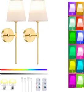 Battery Operated Wall Sconce Lights Set of Two, Gold Wireless Rechargeable Wall Sconces, 15RGB Color Dimmable Indoor Wall Lamp Lighting with Remote, for Bedroom Living Room Stairs