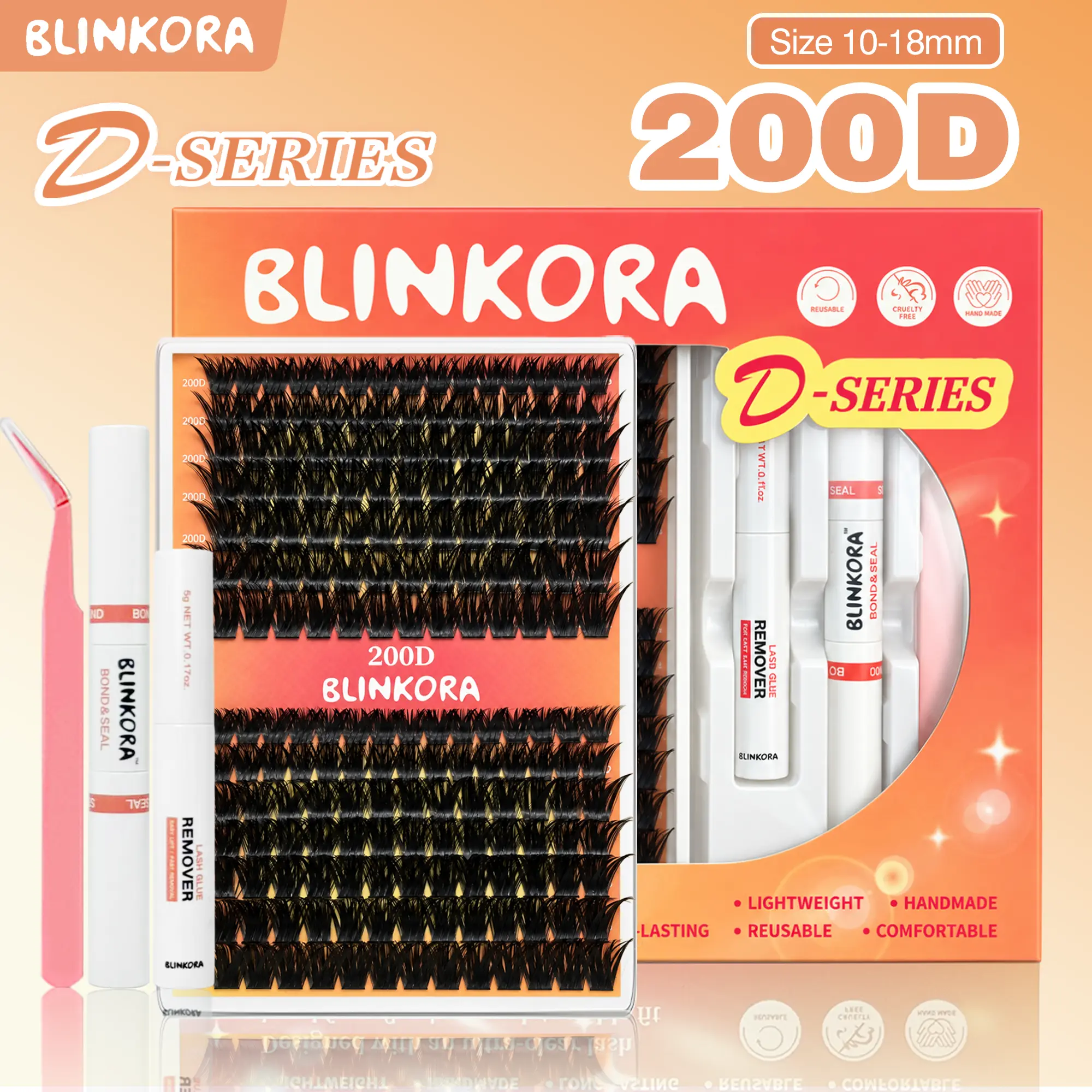 Blinkora 200D Fluffy Mega Volume Lash Cluster Kit, 10-18mm D-Curl Thick Long Lash Set, DIY Eyelash Extensions for Beginners, Bold Dramatic Look Waterproof Makeup Accessory with Free Glue & Remover