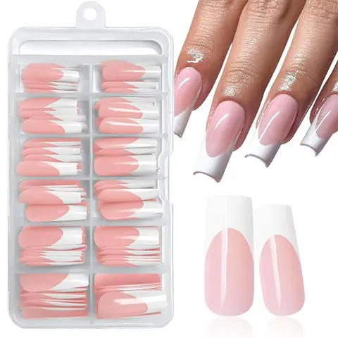 Pink and White Long Square Fake Nails, False Nail Set, Nail Extensions, 120pcs/box 10 Sizes Glossy Finish Long Press On Nails Acrylic Stick on Nails for DIY Manicure Women Girls Fingernails Design, Home Nail Art, Manicure Set, Stylish Nails, Nail Art Kit