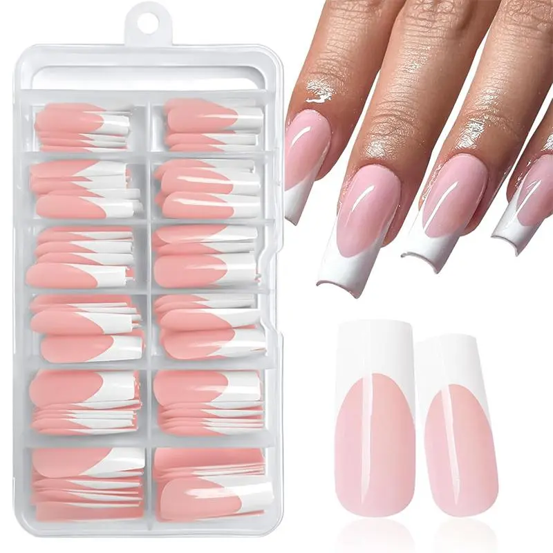 Pink and White Long Square Fake Nails, False Nail Set, Nail Extensions, 120pcs/box 10 Sizes Glossy Finish Long Press On Nails Acrylic Stick on Nails for DIY Manicure Women Girls Fingernails Design, Home Nail Art, Manicure Set, Stylish Nails, Nail Art Kit