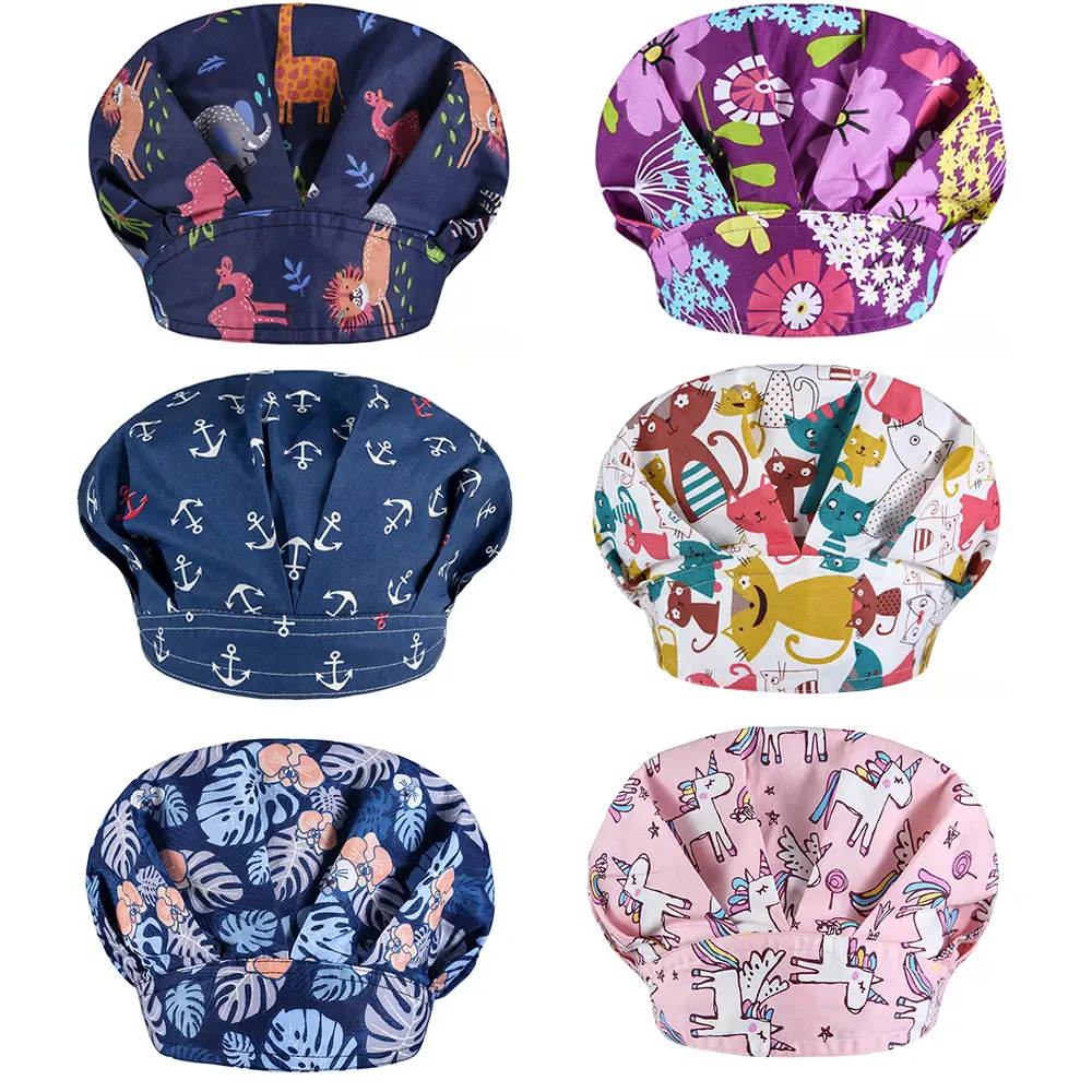 Bouffant Caps with Button and Sweatband 6 Pack Adjustable Scrub Caps for Women Men Surgical Nursing Caps Shower Purple with Blue Pink Flowers Medical Hat