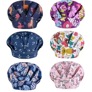 Bouffant Caps with Button and Sweatband 6 Pack Adjustable Scrub Caps for Women Men Surgical Nursing Caps Shower Purple with Blue Pink Flowers Medical Hat