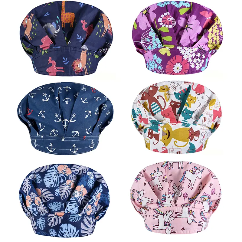 Unisex 6-Pack Polyester Bouffant Shower Caps - Adjustable, Button-Accented, Stylish Floral Design, Sweatbands Included, Stay Comfortable Fit, Fashion Purple with Blue Pink Flowers, Medical Surgical Nursing Hats