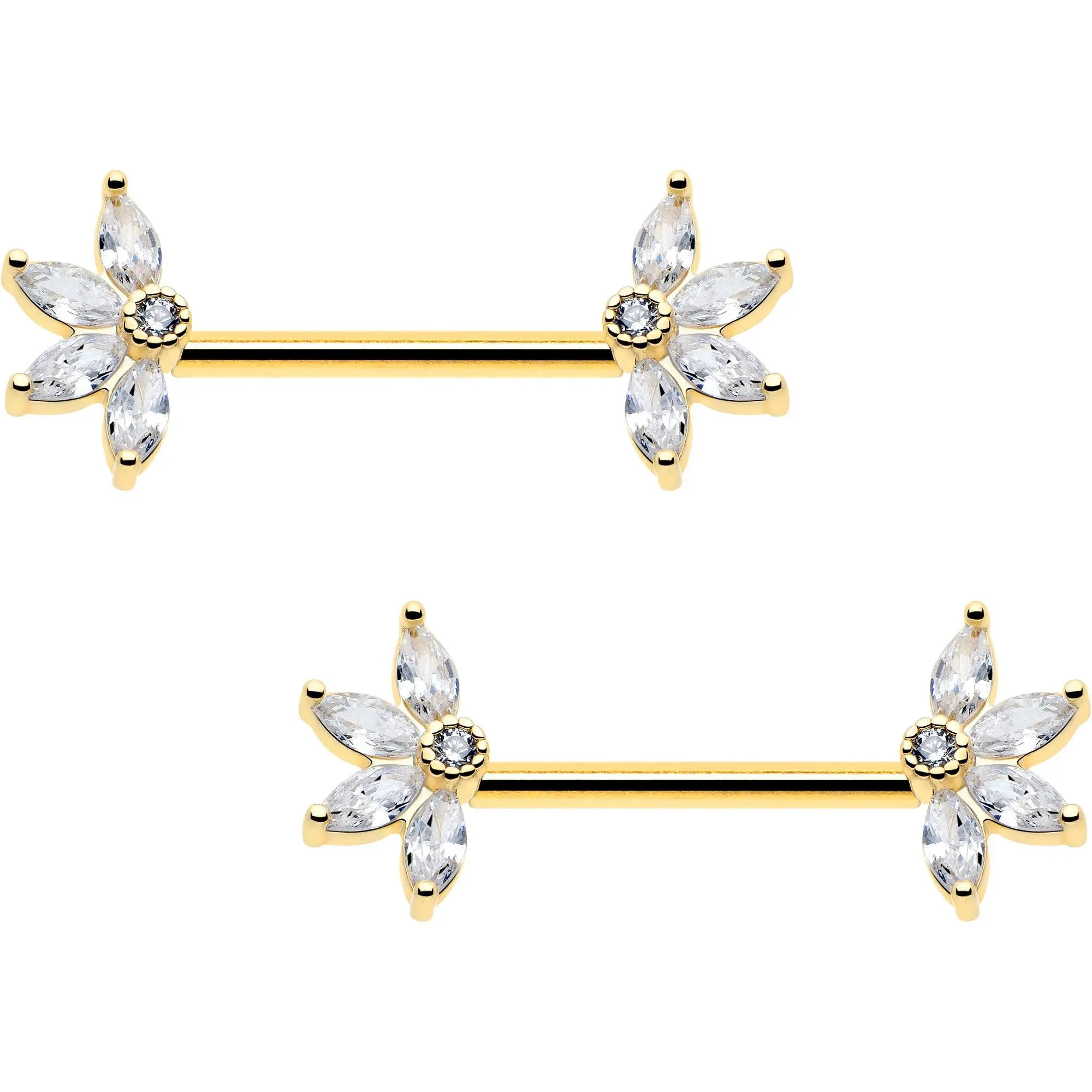 14G 9/16 Clear CZ Gem Gold Tone Threadless Floral Barbell Nipple Ring Set
