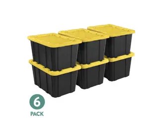 Sterilite Large Storage Bin, 27 Gallon Durable Plastic Storage Tote with Snap-On Lid, Black and Yellow, 6 Pack