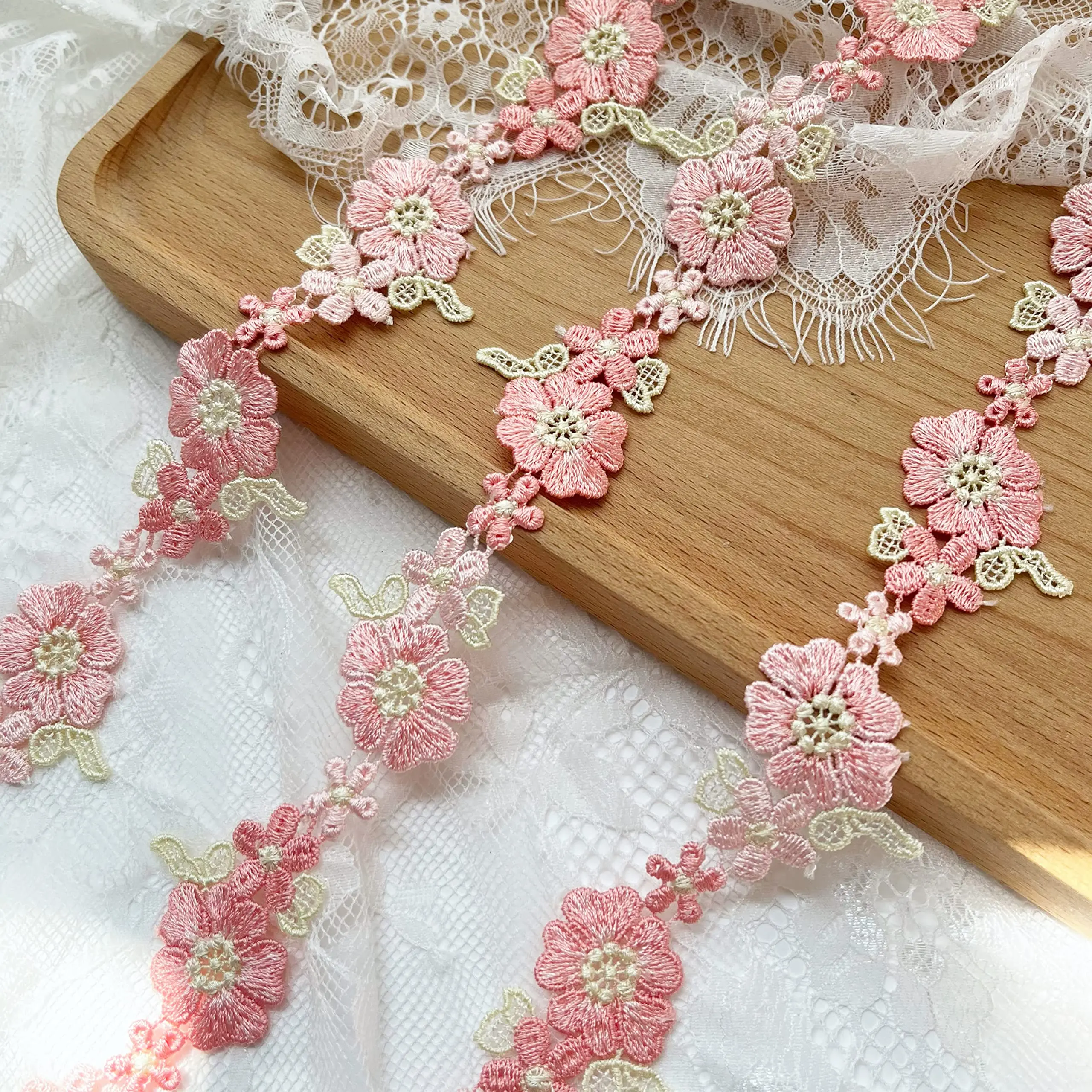 Pink Flower lace Trim, Embroidery Trim Ribbon for DIY Sewing or Crafts Decoration,0.9'' x 2yds Pink Flower lace Trim, Embroidery Trim Ribbon for DIY Sewing or Crafts Decoration,0.9'' x 2yds