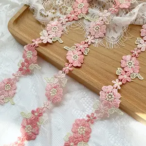 Pink Flower lace Trim, Embroidery Trim Ribbon for DIY Sewing or Crafts Decoration，0.9'' x 2yds