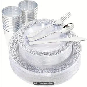 "150 PCS Silvery Plates & Silverware & Cups, Clear Lace Design Dinnerware Set Includes 25 Dinner Plates, 25 Dessert Plates, 25 Tumblers, 25 Forks, 25 Knives, 25 Spoons For Party, Wedding, Holiday, Hand Wash And Reuse "