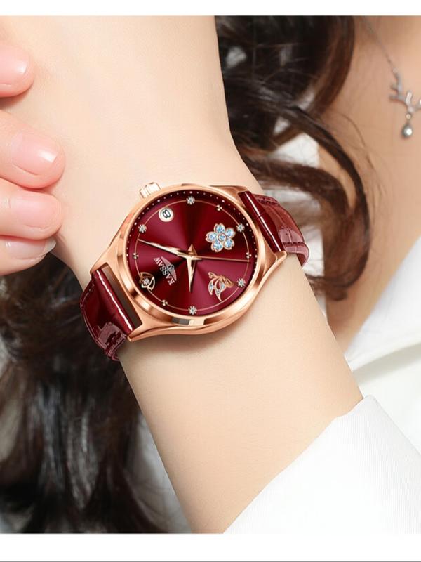 Kassaw Women's Mechanical Watch, Elegant Vintage Style, Wine Dial, Butterfly Flower Decoration, Rhinestone Design, Leather Strap