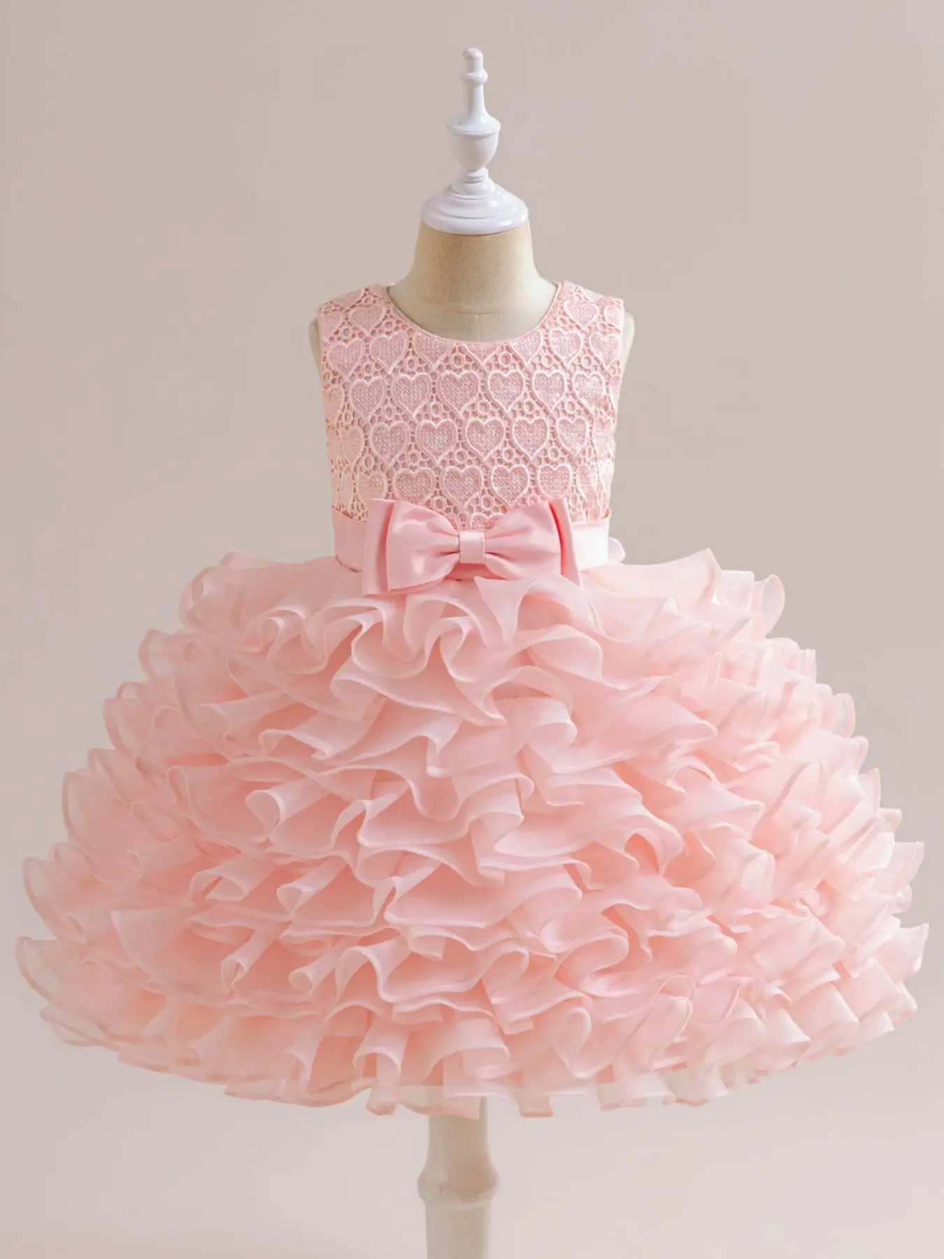 Toddler Girl's Heart Embroidery Tiered Layer Ruffle Party Dress, Fashion Bow Decor Sleeveless Round Neck Partywear for Evening Formal Occasions, Kids