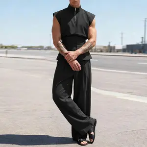 INCERUN Menswear 2-Piece Sleeveless Suit Set - High Mock Neck, Cinched Waist, Wide Leg Trousers - Mensfashion Unisex Stage & Avant-Garde Art Exhibition Outfits
