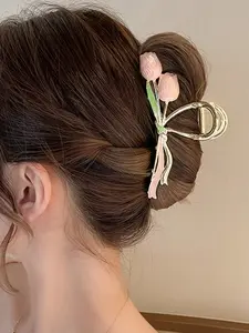 1pc，Tulip Hair Claw Clip, Gentle Metal Shark Jaw, Elegant Large Hair Accessory for All Seasons, Sweet Design Suitable for Daily Use