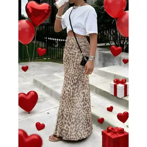 Trendy Christmas Essential Leopard Mesh Versatile Skirt, High Waisted Slim Fit Long Skirt, Fashionable Plain H-Type Design, Casual Fashion Skirt