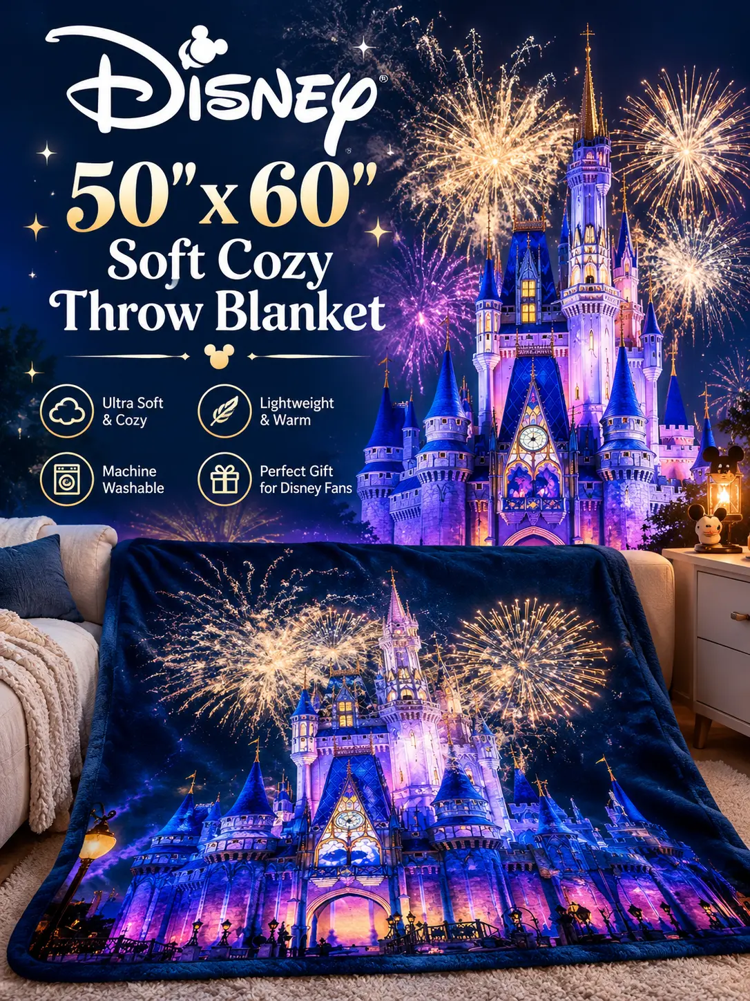 Disney 50"x60" Soft Cozy Throw Blanket - Blankets for Bed, Featuring Mickey, Minnie, Stitch, Winnie the Pooh, Princess, Toy Story, Tinker Bell, Ursula, Home Decor for Kids, Holiday & Birthday Gift