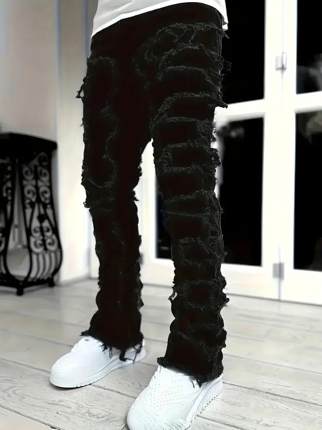 Viral All Black Extreme Distressed Ripped Jeans Fringe for Men Torn Heavy Destroyed Denim Pants Streetwear Trending