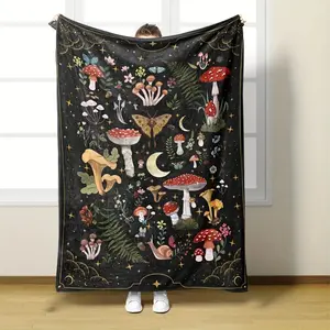 Mushroom Print Blanket Soft Comfortable Warm Moth-Proof Gothic Witch Style Christmas Gift Home Sofa Bed Office Decor A multi-functional and beautiful blanket suitable for decoration, use and as a gift. Add some fun to your home