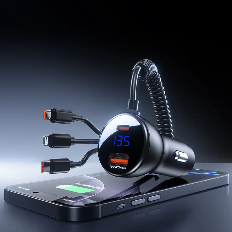 5-in-1 Retractable Car Charger,QC3.0&PD3.0 100W Adapter Fast Charging, Built-in 4FT USB C Cable & Dual Ports for iPhone, iPad, AirPods, Samsung, Google Pixel