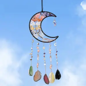 Crystal Tree of Life Dream Catcher, Moon Large Agate Pendant, Handmade Home Decor, Creative Christmas Gift for Friends, Hanging Ornaments