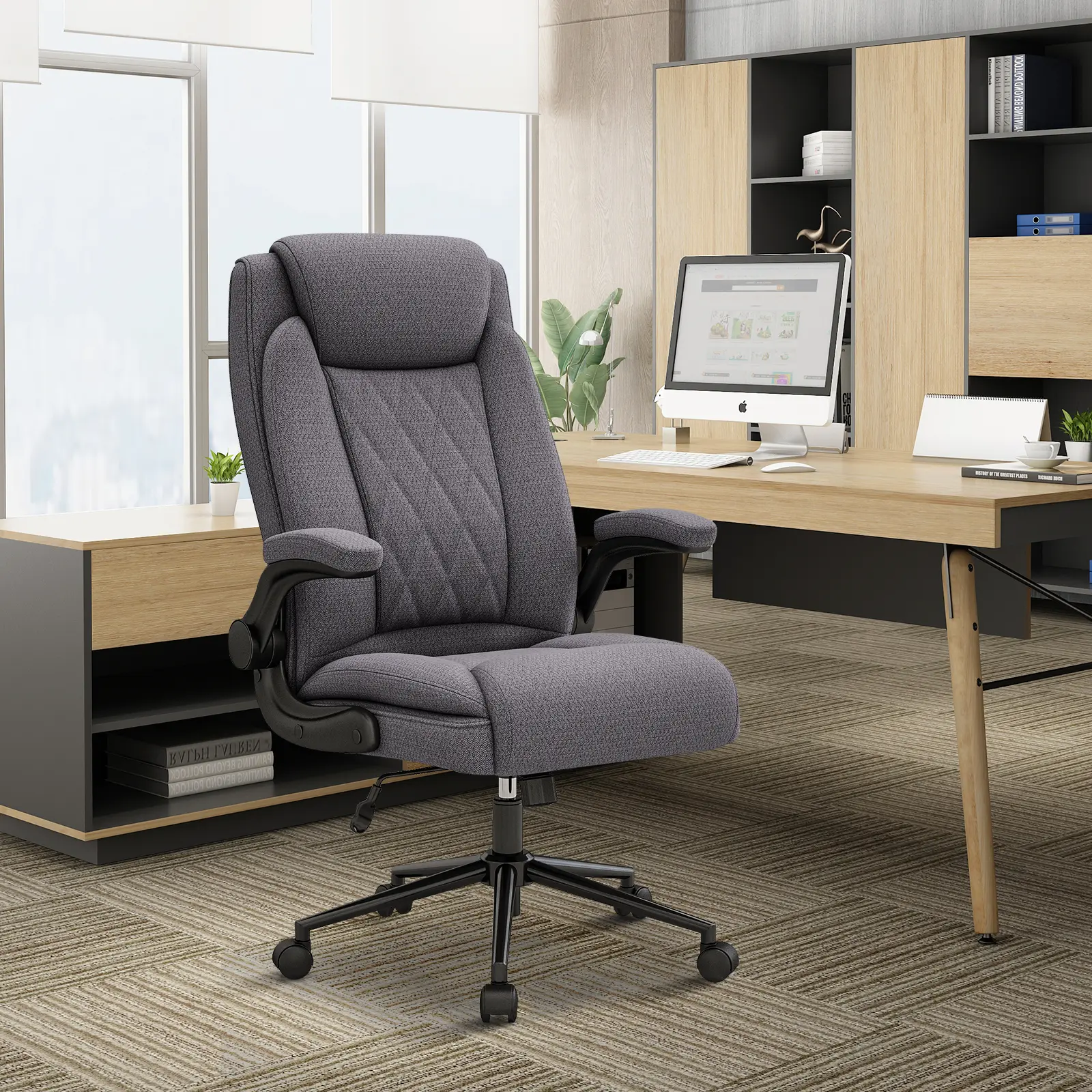ERMNOIS Office Chair, Heavy Duty High Back Breathable Fabric Big and Tall Executive Computer Desk Chair with 120° Tilt Rock, Flip Up Arm, Hold Up to 500lbs for Home and Office Minimal Design