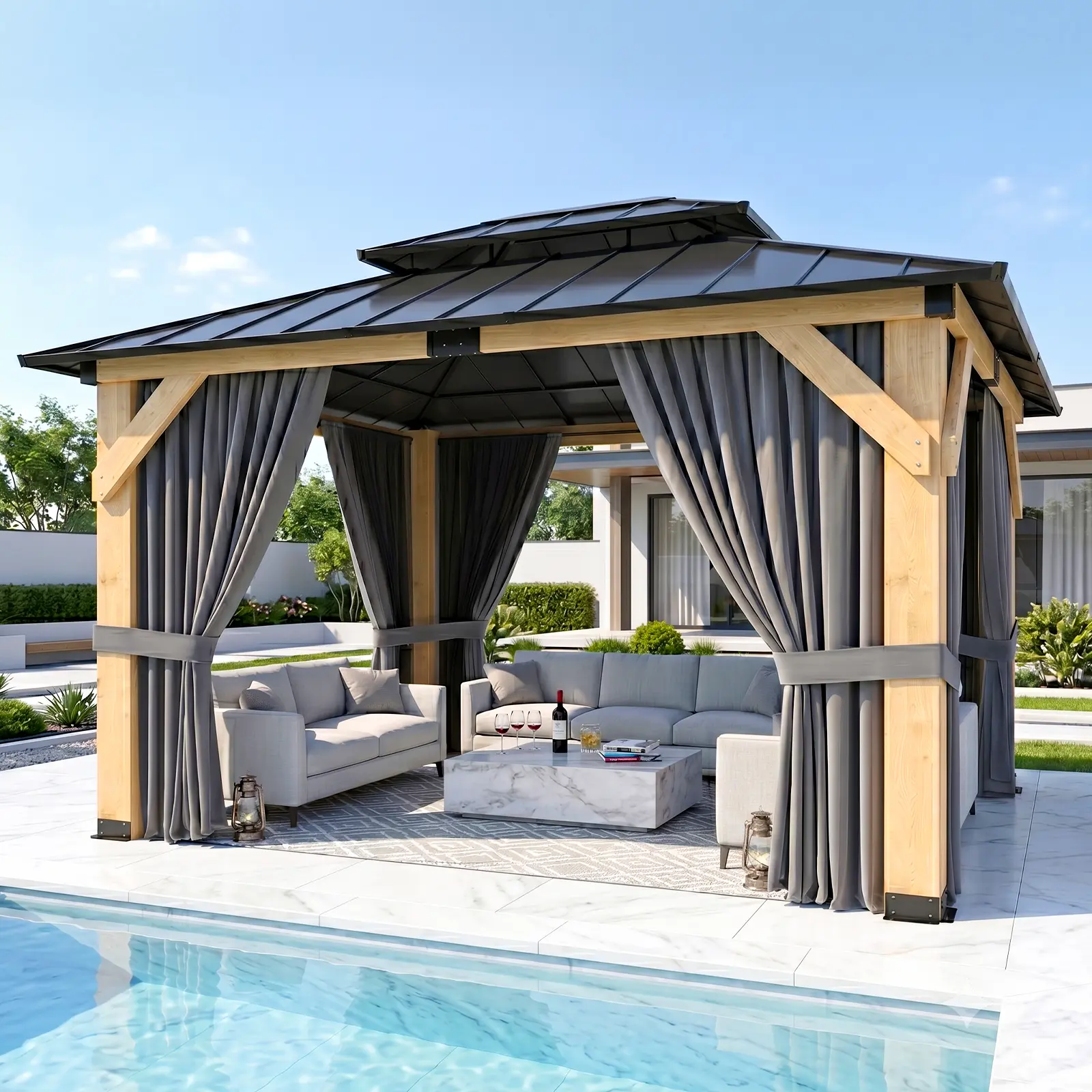 Lilypelle 12'x16' Cedar Wood Gazebo, Outdoor Patio Canopy with TV Wall, Double Galvanized Steel Hardtop, 4.7in Thick Heavy-Duty Cedar Posts, Ceiling Hooks for Backyard Pool, Sturdy