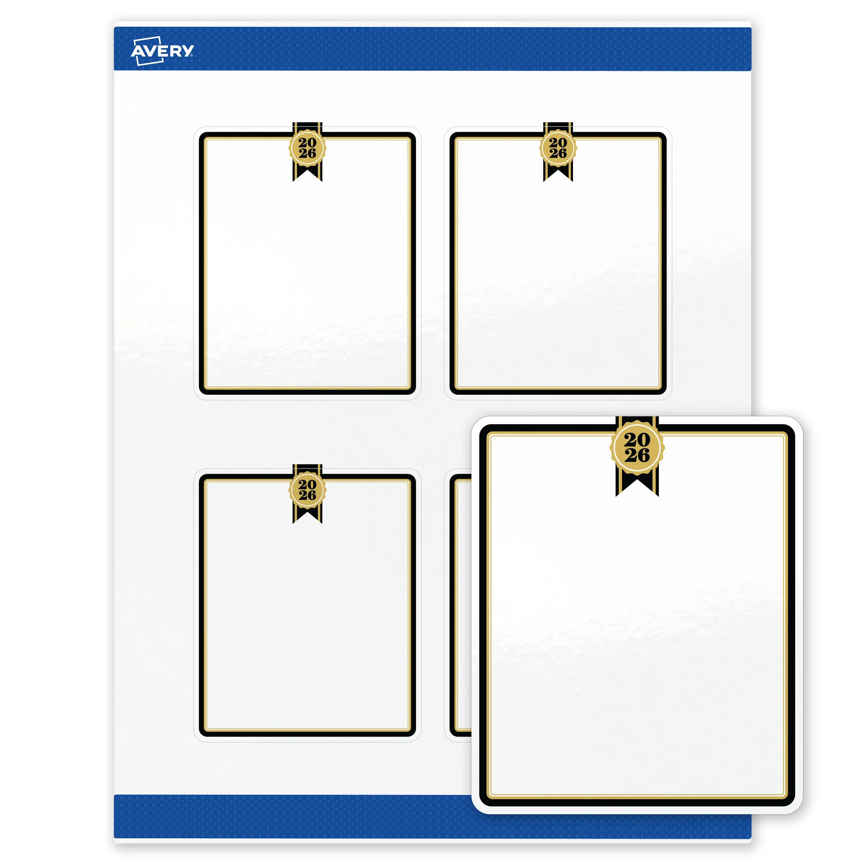 Avery® Printable Rectangle Labels, 4" x 3-1/3", Glossy White, Sure Feed® Technology, Pre-printed 2026 Gold & Black Seal Design Great for Graduation, Laser & Inkjet Compatible, 80 Total