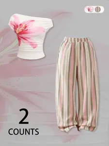 Women's Lily Print One-Shoulder Short Top + Striped Wide-Leg Pants Set, Casual Slim-Fitting Geometric Pattern Two-Piece